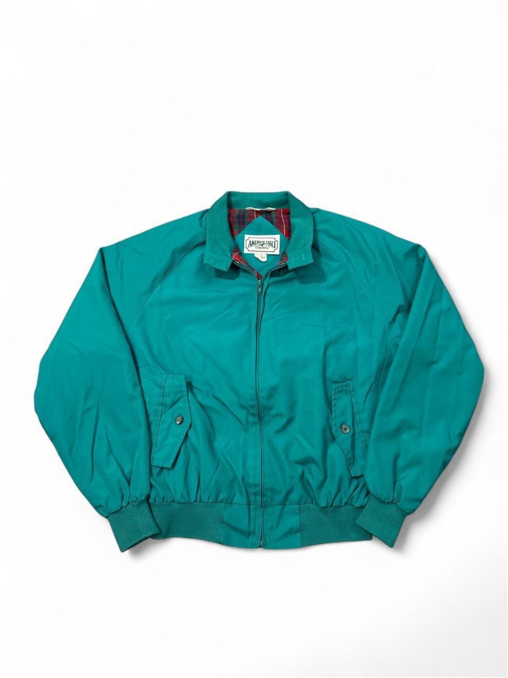 VTG 80s American Eagle full zip Harrington jacket teal plaid M mens Hong Kong